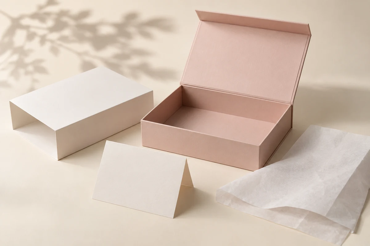 Original representative concept visual of an empty presentation box, blank card, and tissue for a Mother's Day brief. Not exact product photography.