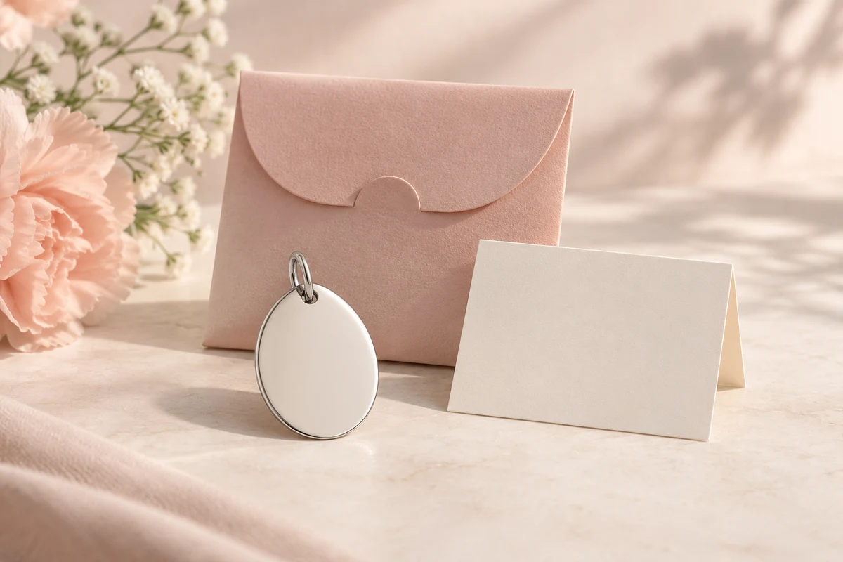 Original representative concept visual of a blank keepsake tag, message card, and sleeve for a Mother's Day brief. Not exact product photography.